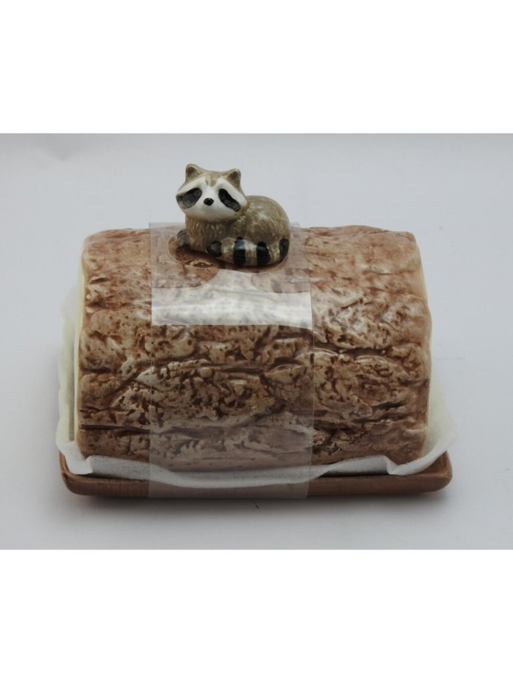 Woodland Raccoon Butter Dish Ceramic Log Cabin Rustic Kitchen Decor Thanksgivin